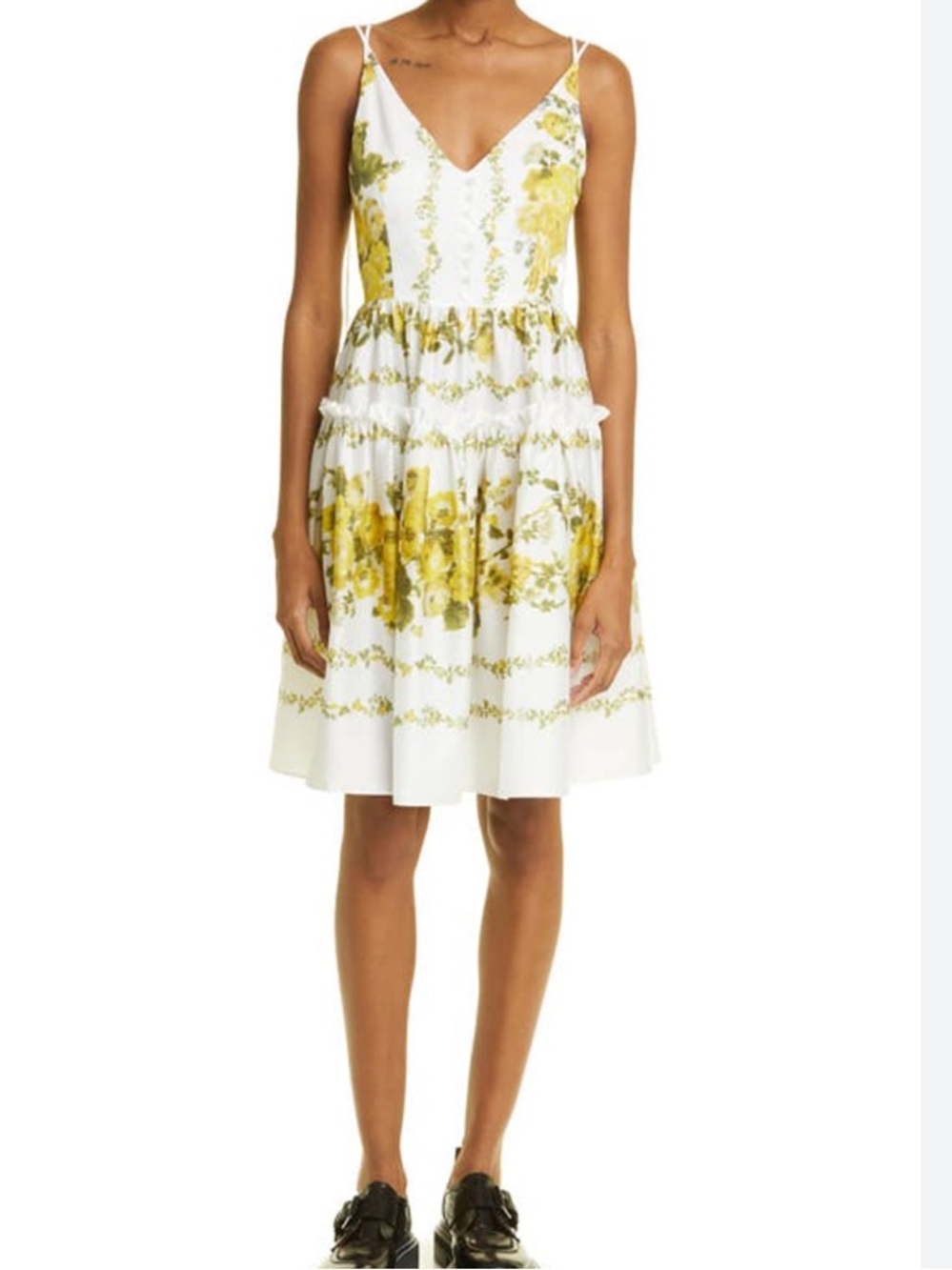 ERDEM Floral Print Tie Strap Cotton Poplin Dress in Soft Blossom Yellow.